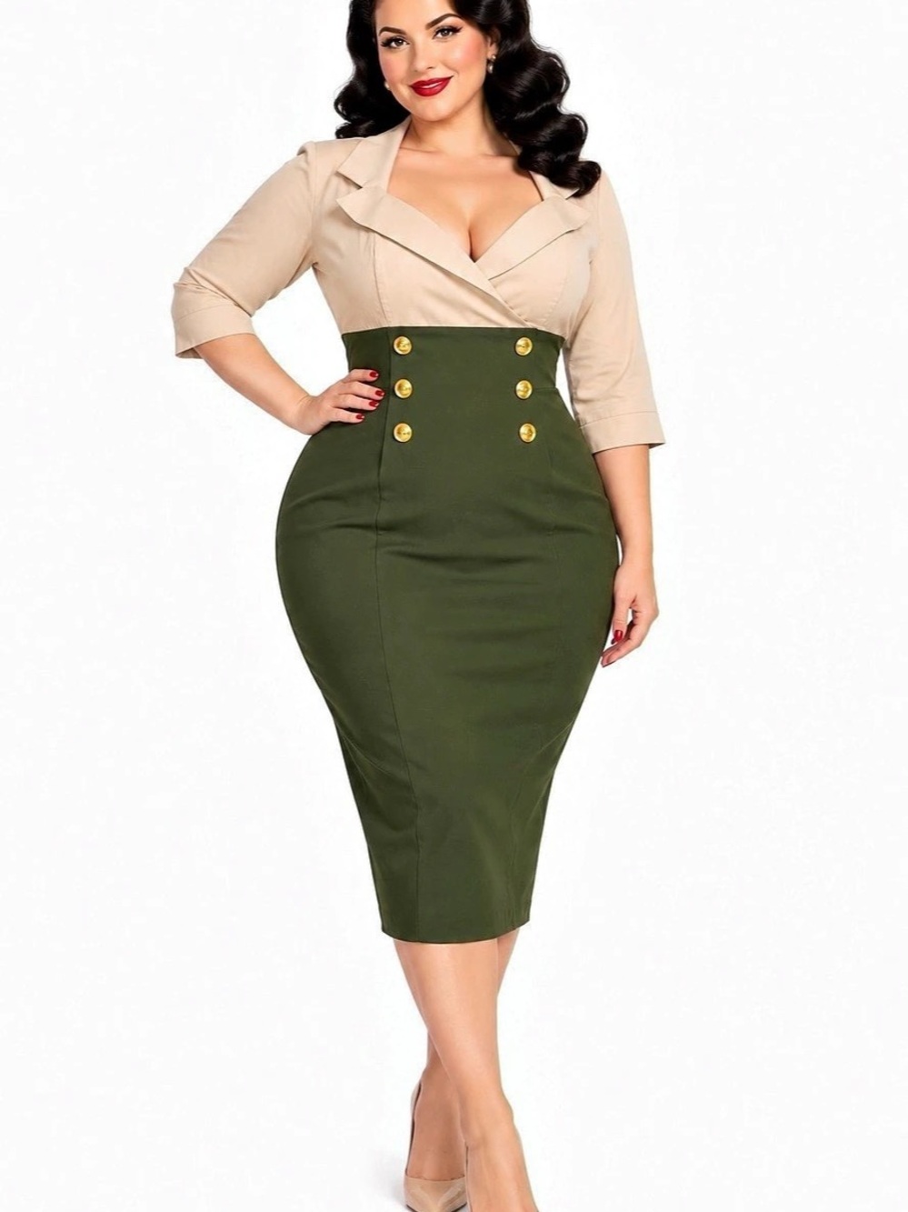 Pinup Couture Vintage-Inspired Midi Dress Green & Cream Size 3X NWT